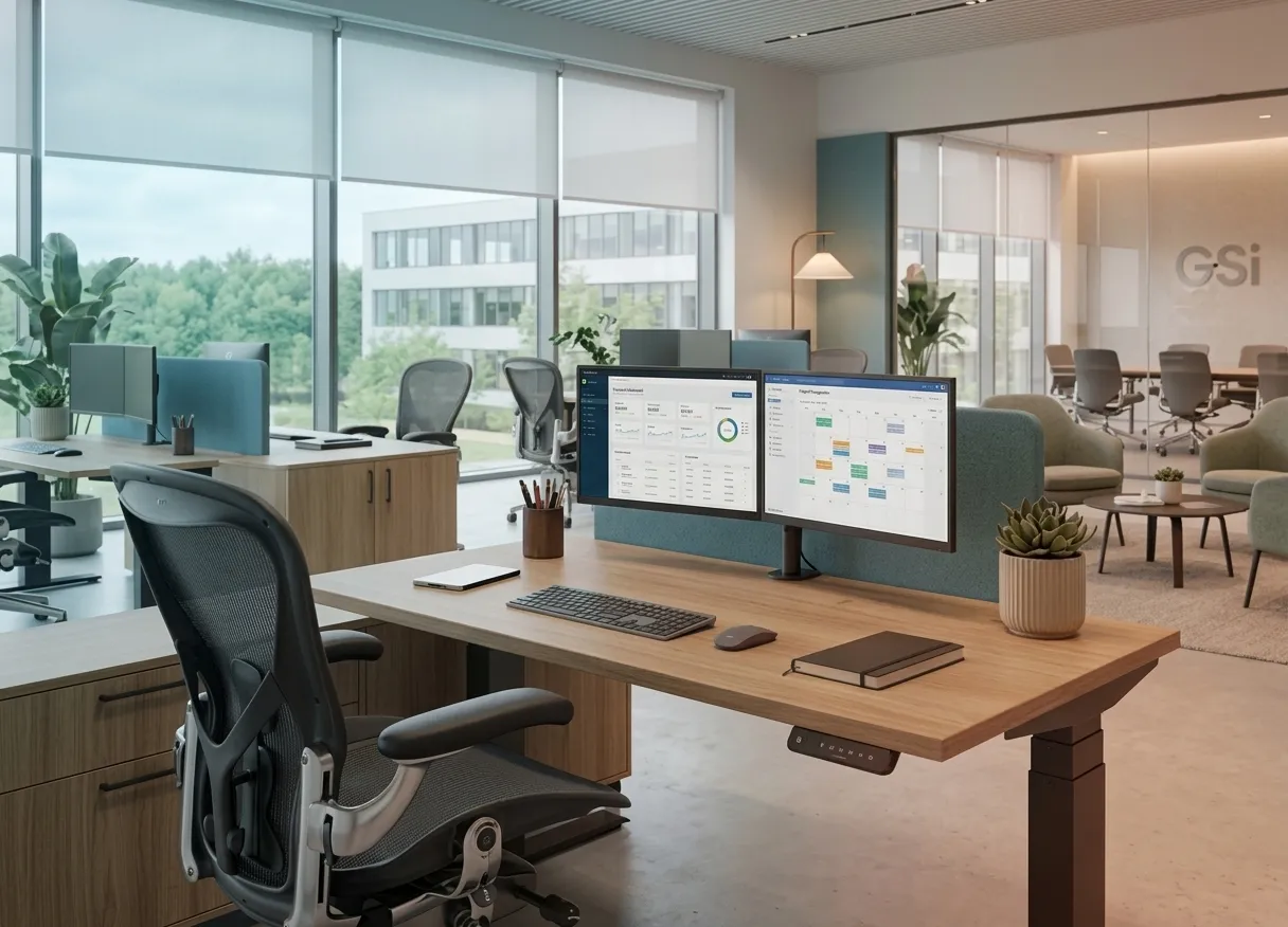 Espace de travail moderne aménagé par GSI : bureau réglable, siège ergonomique et double écran